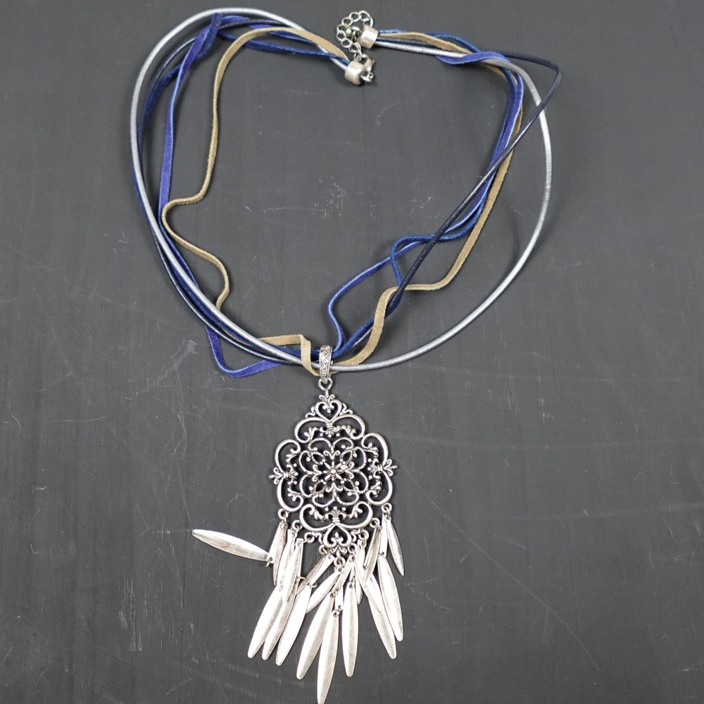 Boho Silver Tone Filigree Dangle Pendant Multi Strand Cord Necklace - Picture 3 of 8